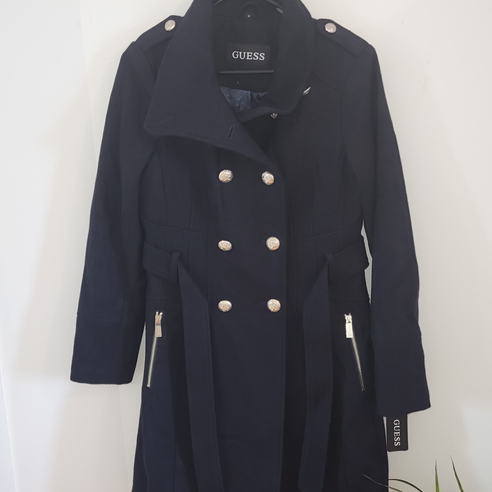 GUESS Women's Dark Blue Trench Coat with Silver Buttons
